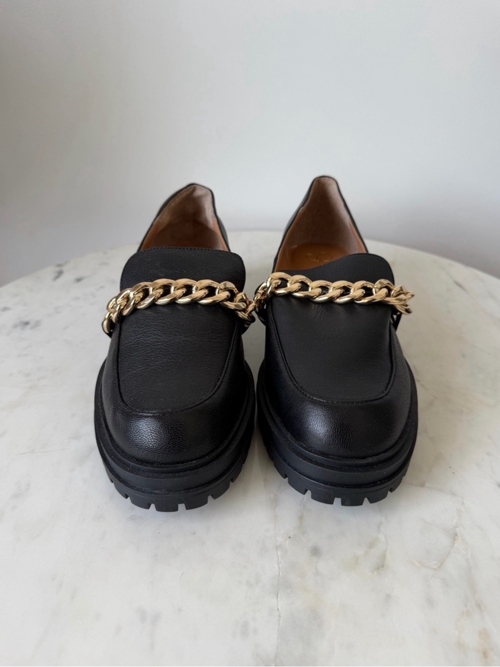 Jessica Simpson Black Leather Loafers with Gold Chain